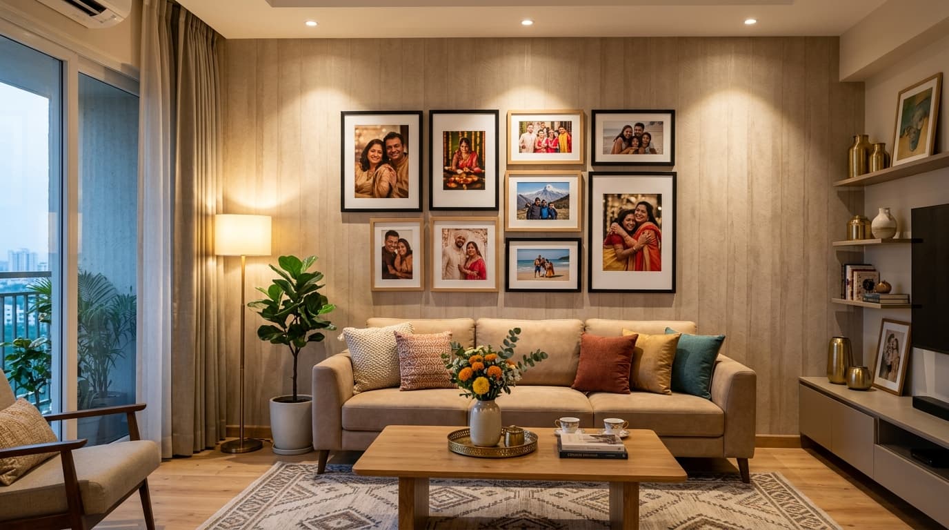 Living Room Sofa & 9-Photo Wall Gallery